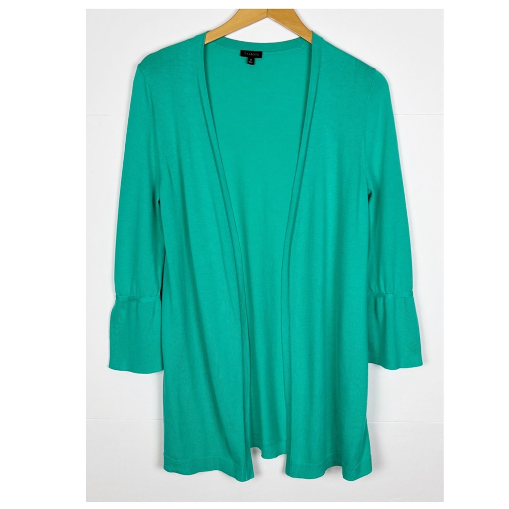 Talbots Open Front Long Line Green Split Sleeve Cardigan Size Medium